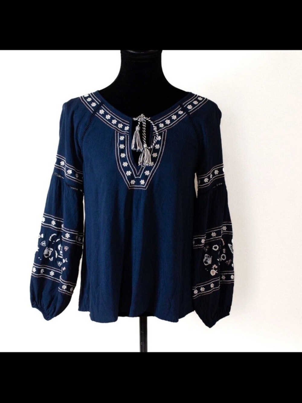 New Abercrombie & Fitch Boho Heavy Embroidered Navy Peasant Top Medium Tassels